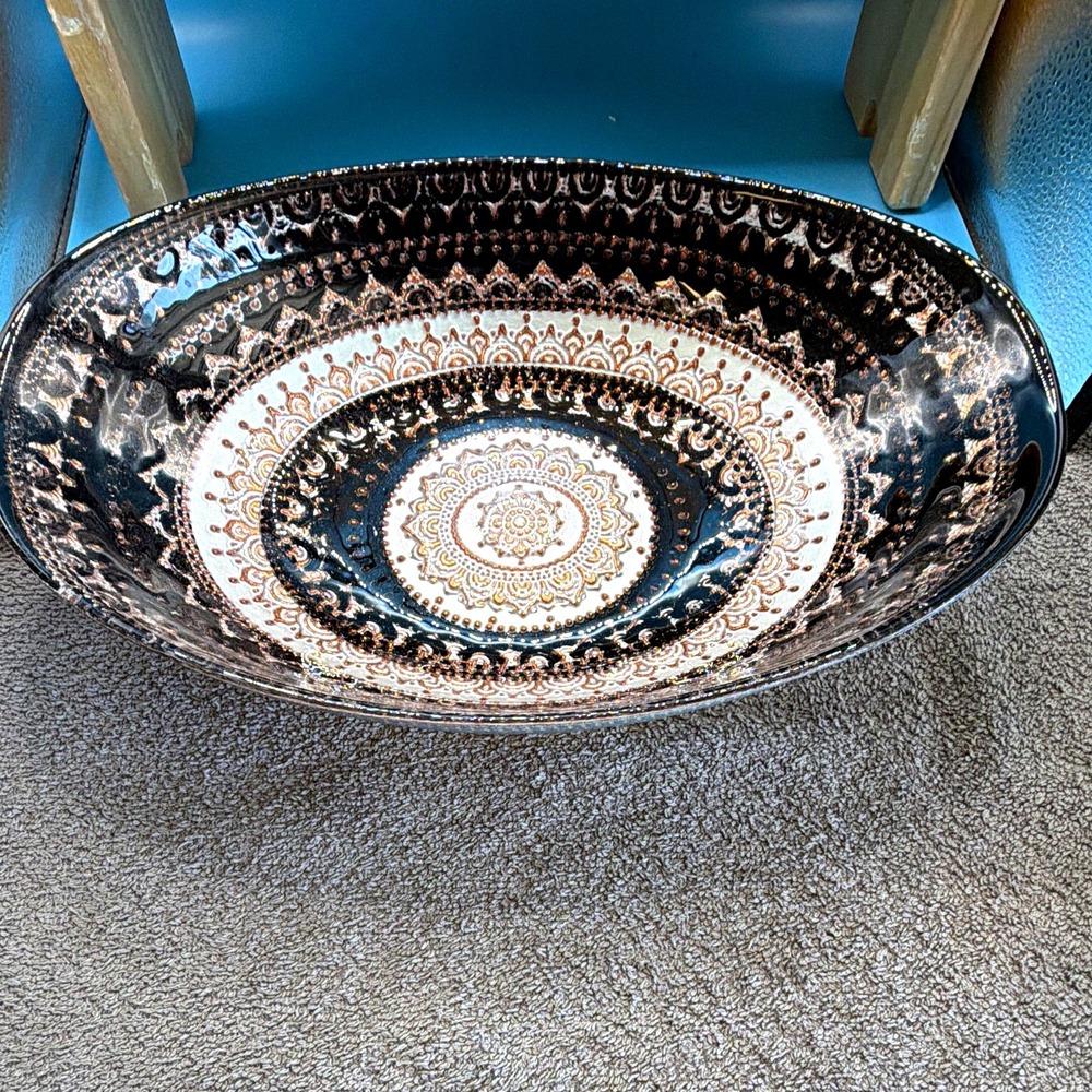 Oval Ceramic Decorative Bowl, Black Gold White Mandala Pattern. 12.5x8.5x3
